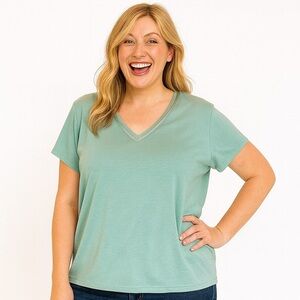 ANNE KLEIN Mint Green Casual Tee w/ Shiny Ribbon Neckline Size L